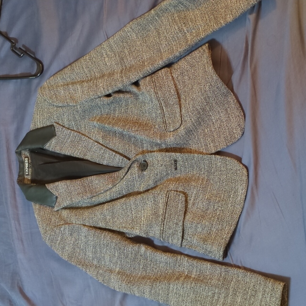 Tweed-Like Blazer with Leather Accent Collar